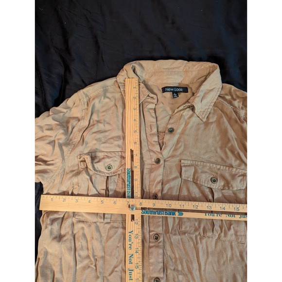New Look tan button down L dress adjustable 3/4 to long sleeve - Picture 7 of 11